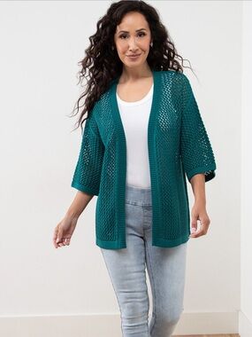 Cleo Petite Open Stitch Knit Peacock Open Front Kimono Sweater Size XS Petite